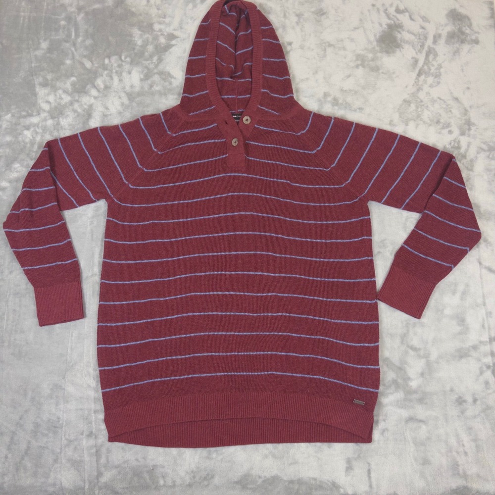 Prana Hooded Sweater Mens Medium Burgundy Striped Henley Knit Pullover Hoodie